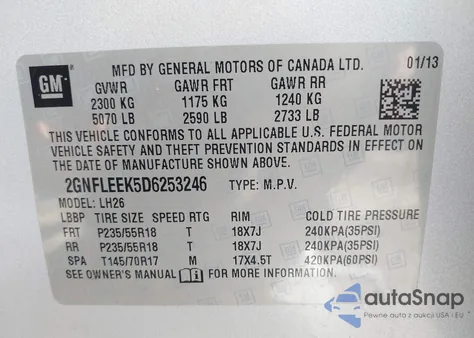 2013 Chevrolet Equinox 1Lt z USA, uszkodzony, nr VIN 2GNFLEEK5D6253246